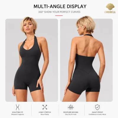 CNSHELL Women's Halter Neck V-Neck Yoga Romper Quick Dry Moisture Wicking Athletic Bodysuit for Gym Fitness