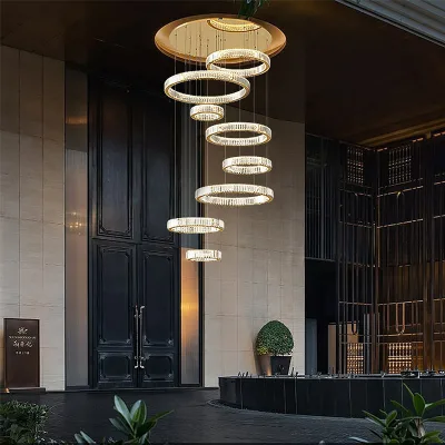 Large Luxury Crystal LED Circle Chandelier for Indoor Villa Staircase Lights Lighting