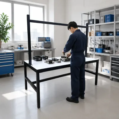 Hot Wholesale Custom Warehouse Packing Workbench Double Sided Melamine Table Top Iron Frame Adjustable Feet Industrial