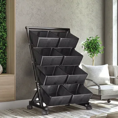Large Capacity Movable Metal Storage Basket 4 Layers 8 Baskets Free-standing Food Beverage Organizer for Living Room Bathroom