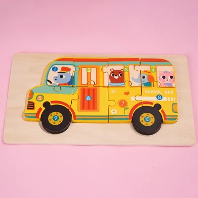 Children's Wooden School Bus 3D Puzzle Traffic Car Puzzle Toys Early Education Wooden Jigsaws 3-6 Years Old Baby DIY Blocks
