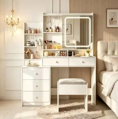 Space Saving Eco-Friendly MDF Multi-Functional Simple Modern Dressing Table Dimmable LED Mirror Jewelry Hooks Vanity