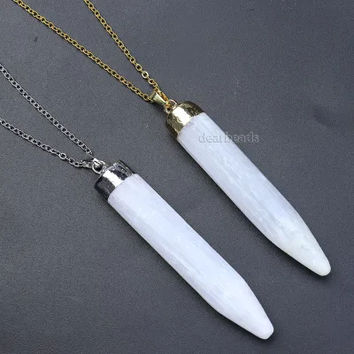 Natural Morocco White Selenite Bullet Point Shape Stone Pendant - with Alloy Findings for Necklace, 55x10mm