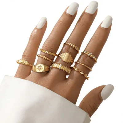 New Women's Eight-Pointed Star Diamond Tungsten 10-Piece Ring Set Stacking Rings Instagram Style Direct Manufacturer