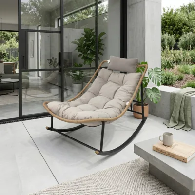 Outdoor PE Rattan Rocking Leisure Chair Wicker Rocker Recliner Chair with Cushion, Balcony Patio Single Lounge Customizable