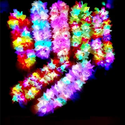 LED Hawaiian Leis Light up Flower Necklace Luau Rainbow Tropical Hawaiian Beach Party