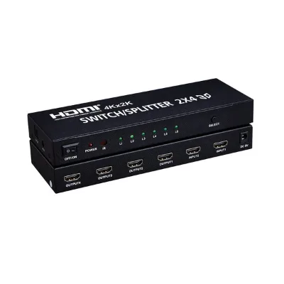 4K 30Hz 2x4 HDMI Splitter Switch Supports 3D with IR Wireless Remote Control for HD TV, Projector, Multiple Computer Monitor