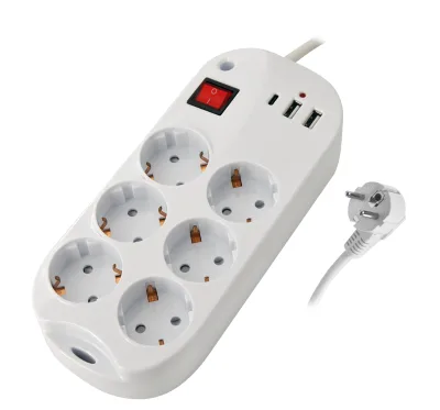 EU Standard Multi Socket German Type Power Strip 6 Sockets with 2USB+1TYPEC and support PD/QC 3.0 fast charge