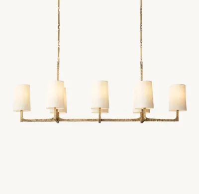 Modern Rectangular Forge Steel Pendant Lamp Hammered Black Frame Off White Fabric Shade Linear Dining Room Chandelier