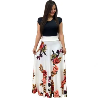 2022 New Fashion Women Summer Short Sleeve Girls Slim Long Dresses O-neck Floral Printed Casual Maxi Dress