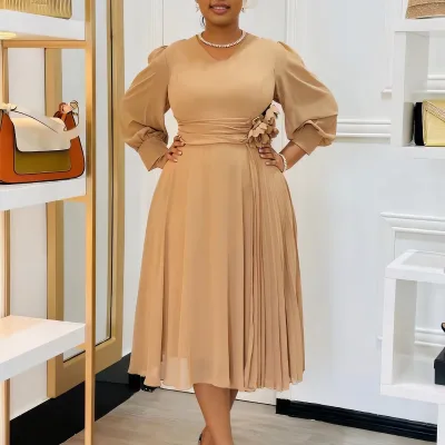 D3326 's New Spring Fashion Elegant Solid Color A-Line Dress Plus Size V-Neck Flared Sleeves High Waist Midi Length