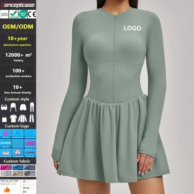 Custom Long Sleeve Tennis Dress Two Piece Yoga Skirt Quick Dry Breathable Stretch Activewear