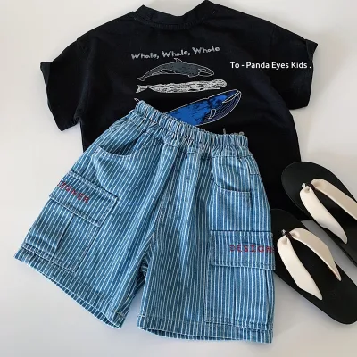 Yantai Boys' Korean Style Denim Shorts Summer 2026 Style Loose-fitting Casual Three-quarter-length Striped Elastic Waistband