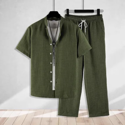 Factory Best-seller Men's Two-piece Suit Set with Stand Collar Short Sleeve Button-down Shirt and Drawstring Side Pocket Pants