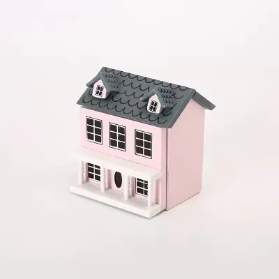 Wooden Doll Houses Mini Small House Ornaments Miniature House With Wall Gray Roof Cute Pocket Villa