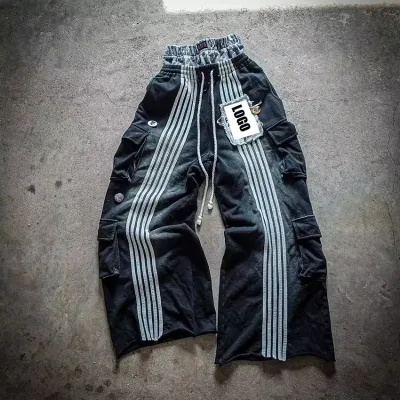 Custom Patch Embroidery Sweatpants Acid Wash 100% Cotton Stripe Sweat Pants Baggy Double Waist Wide Leg Sweatpants Jogger Men