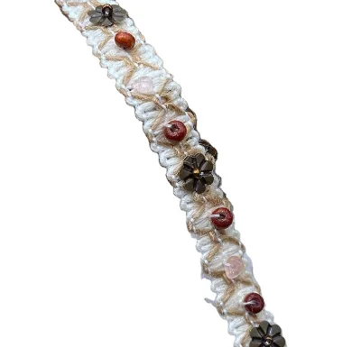 Handmade Beaded Cotton Linen Woven Tape, Stone Wood Bead Lace Accessories, Cuff and Collar Decoration