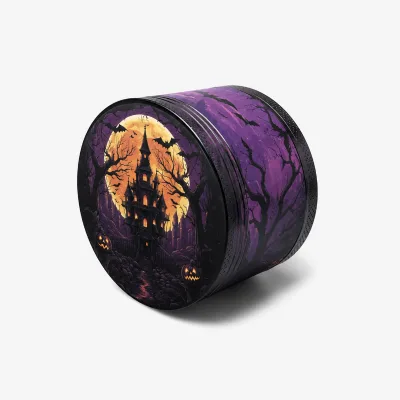 Black 360 Full Wrap Purple Background Halloween Haunted House Bat Moon 4 Layers Magnetic Aluminum Portable Metal Herb Grinder
