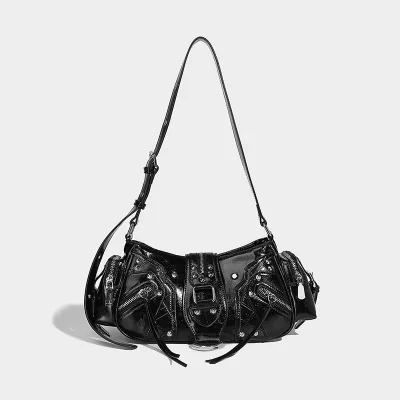 New Black Burgundy Shoulder Bag Y2K Style Hobo Bag Rivet Belt Buckle Casual Underarm Bag for Women With Double Sided Pockets