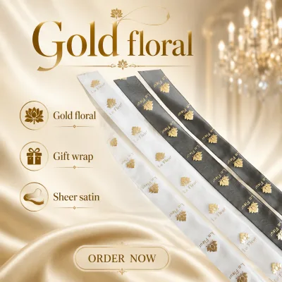 Gold Eco-Friendly Checked Plaid Organza Ribbon with Snow/Star/Heart Foil Hot Stamp Print for Christmas Decorations