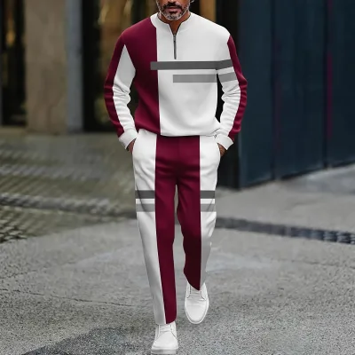 Europe United States Striped Fashion Long Sleeve Half Zipper Fly Breathable Trousers Casual Sports Men's Suit 2025 New Spring