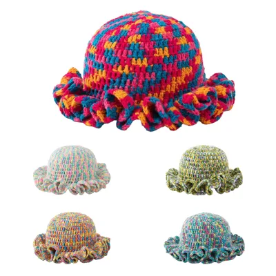 Spring Fashion Trendy Tie Dye Handmade Crochet Knitted Bucket Hat with Wavy Edge Outdoor Casual Colorful Fisherman Hat