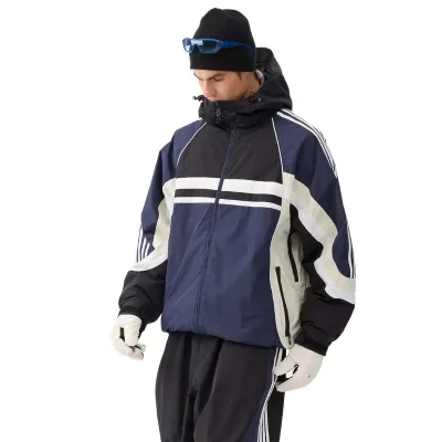 Men's Navy Retro Sporty Stripes Trim Colorblock Hooded Waterproof Windproof Taped Seams Breathable Plus Size Zipper Closure Snow