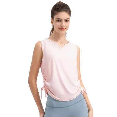 Women's 30D Summer Yoga Top Thin Breathable Elastic Drawstring Loose Cover-Up Fitness Workout Sportswear with Nude Print