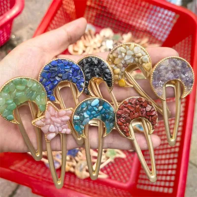 Wholesale Crystal Colorful Natural Gemstone Irregular Gravel Stone Moon Shape Crystal Hair Clip for Women Girls