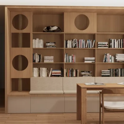 BALOM Custom Built-in Wall Bookshelf Modern Wood Bookcase with Cat Climbing Holes and Window Bench for Whole House Design