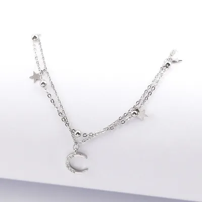 Custom Design Trendy Wedding 925 Silver Moon Star Charm Bracelet Double Layer Bead Chain Dainty Jewelry for Women