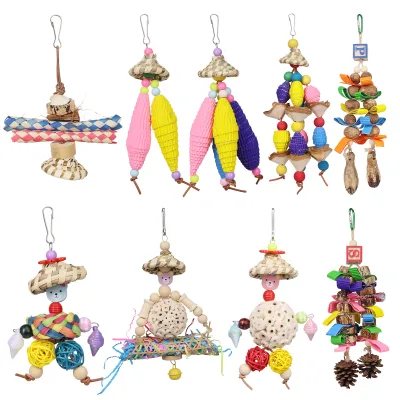Large Parrot Bird Chewing Toys Natural Nuts Wooden Blocks Birds Cage Stand Colorful Rattan Balls Bird Chewing Swing Toy