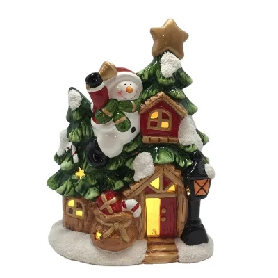 Custom Village House Statue Ceramic Christmas Santa Claus Lighting House With LED Light