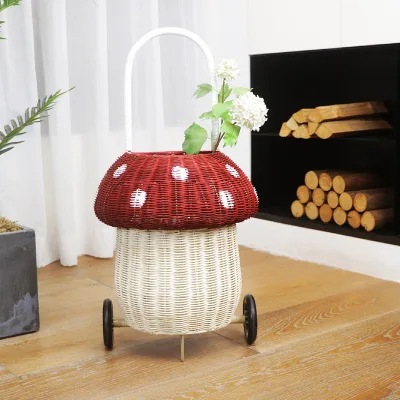 Children's Toys Pull Car Natural Hand Woven Rattan Stuffed Toy Mushroom Storage Basket Children's Outdoor Drawbar Trolley