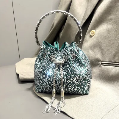 New Womens Round-Handle Polyester Bucket Bag with Diamond-Inlaid Rhinestones and Tassel Fully Dazzled Drawstring Closure