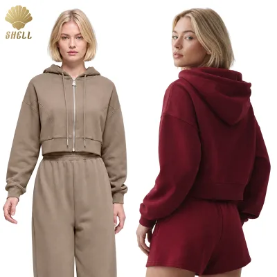 Women's Fitted Cropped Full Zip Drawcord Hoodie Short Length Hooded Sweatshirt OEM Custom Private Label Wholesale