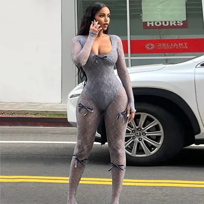 Y0035  2025 Spring New Sexy Perspective Hollow High Waist Jacquard Tight Long Sleeve Lace Jumpsuit