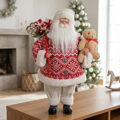 Red Plaid Knit Christmas Santa Claus Figurine Toy Statue for Papai Noel De Mesa Home Celebration