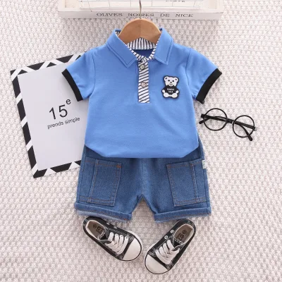 Boys' Summer New Short-sleeved Polyester  Cotton Denim Western Style Lapel Cartoon Pattern T-shirt and Shorts Set