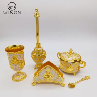 Wholesale Classic Algeria 4 PCS Tabletop Decoration Zinc Alloy Rose Sugar Pot Cup Napkin Holder Perfume Bottle Wedding Set