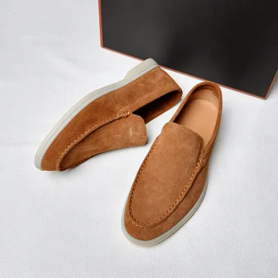 Men's Genuine Leather Solid Casual Loafers Slip-On Shoes Lightweight Anti-Slip Breathable Recyclable Rubber Sole for Everyday