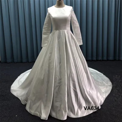 Satin Plain Design Muslim Long Sleeves Ball Guangzhou Dress Factory Affordable Full Cover up Wedding Gown