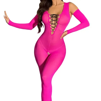 Junchao Women's Queen Fashion Lingerie Spandex/Nylon Bodystocking Jumpsuit Seamless Knitted Breathable Hollow Sexy Transparent
