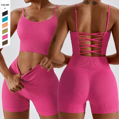 Supply Custom Moisture Wicking Quick Drying Set Cross Back Bra High Waist Shorts Sports Two Piece Set