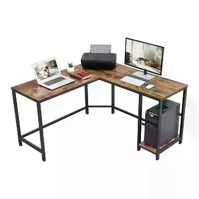 Home Office Computer Desk Rustic Wooden Top 2 Layer Corner L-shaped Minimalist Household Writing Desk