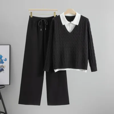Fall Winter Loose Two Piece Knit Set Womens Patchwork Polo Collar Half Zip Top Drawstring Wide Leg Pants Casual Daily Loungwear