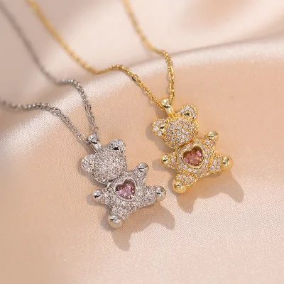 Cute Bear Necklace, Hug Bear pink Micro-inlaid Zircon Simple Adjustable Collarbone Chain
