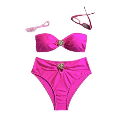 Wildness Women Shiny Satin Bandeau Bikini Set Shell Decor High Cut High Waist Swimsuit Strapless Beach Bathing Suit