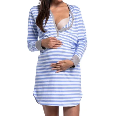 2021 Wholesale Women's Button Nursing Nightie Long Sleeve Stripes Maternity Breastfeeding Dress Maternity Pajamas Nightwear