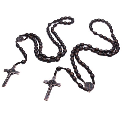 Wood Rosary Necklace Gold Catholicism Gift Religious Prayer Beads